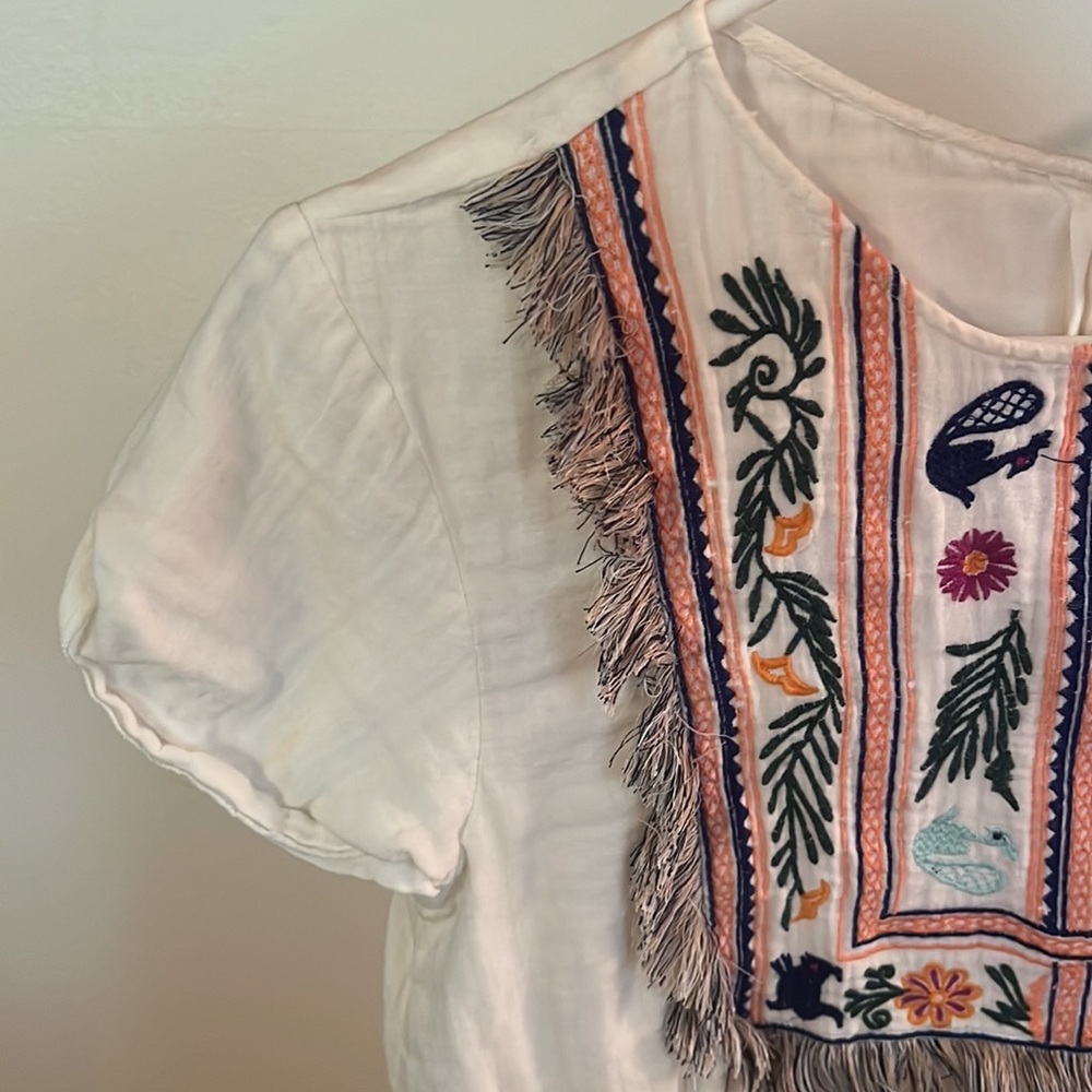 Zara Small Trafaluc Collection Babydoll Shirt Embroidered Fringe Cropped Boho